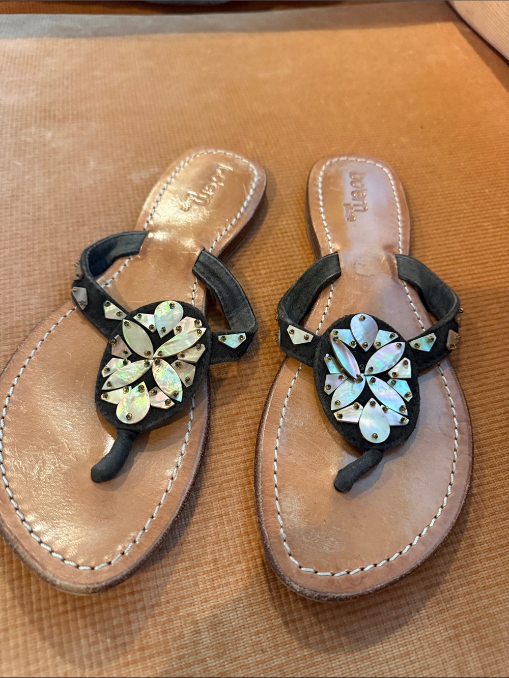 Black Floral Shell-Embellished Toe-Post Sandals